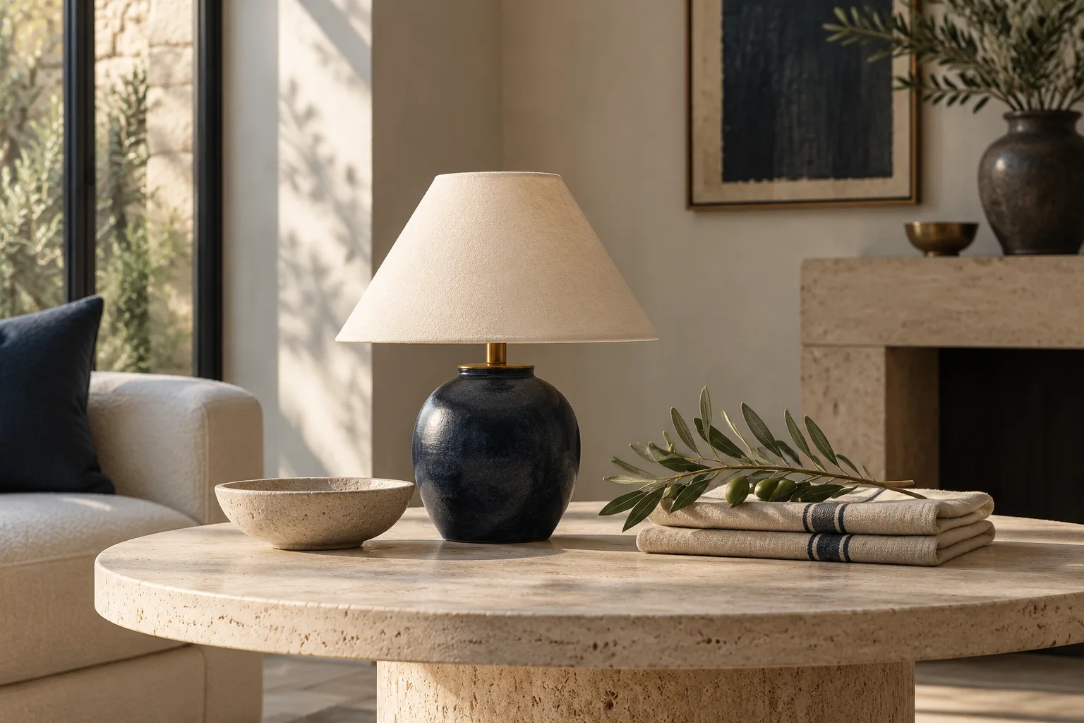 Een Morobito-lamp op een stenen tafel in een rustige woonkamer.