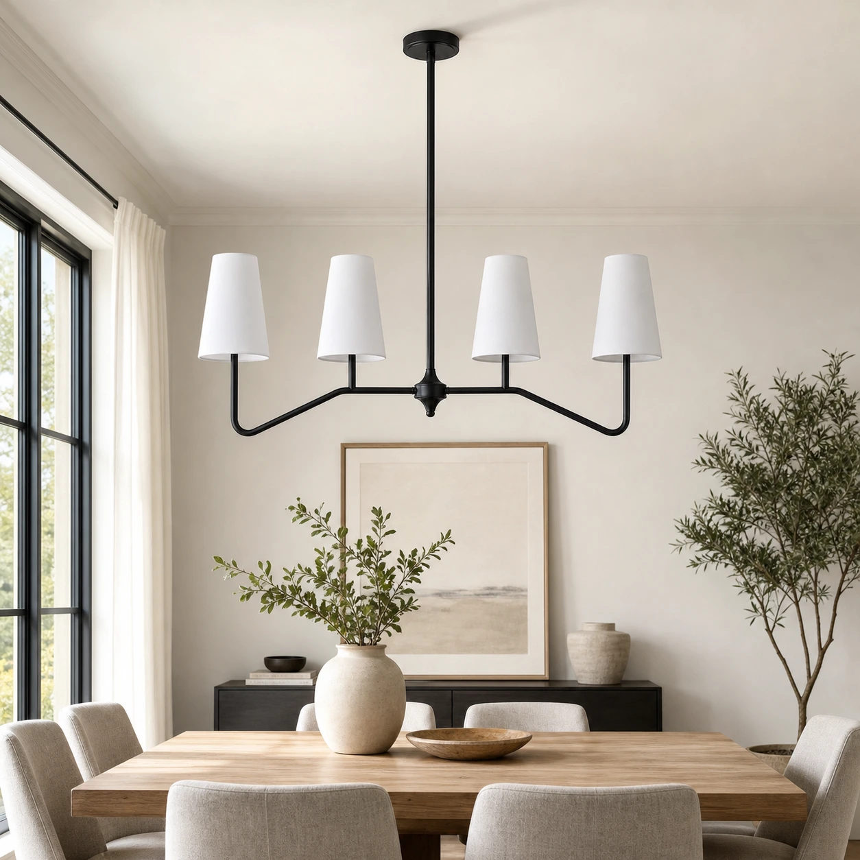 Strellux black linear chandelier in a dining room scene