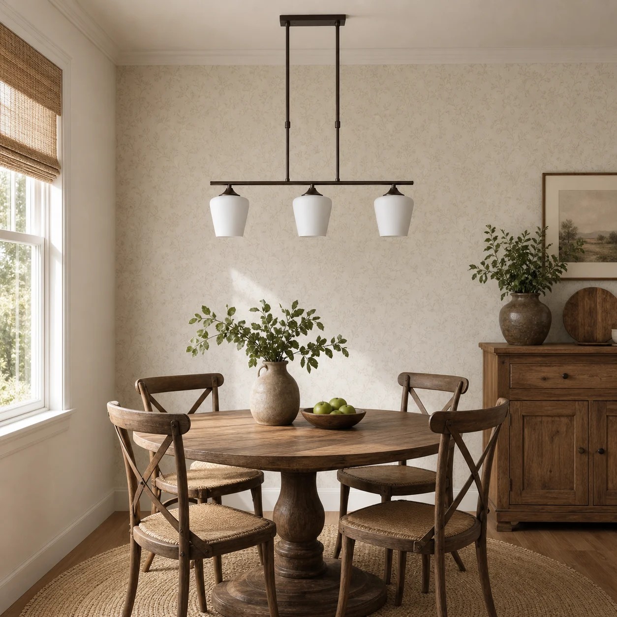Strellux three-head Coffee Brown chandelier in a breakfast nook