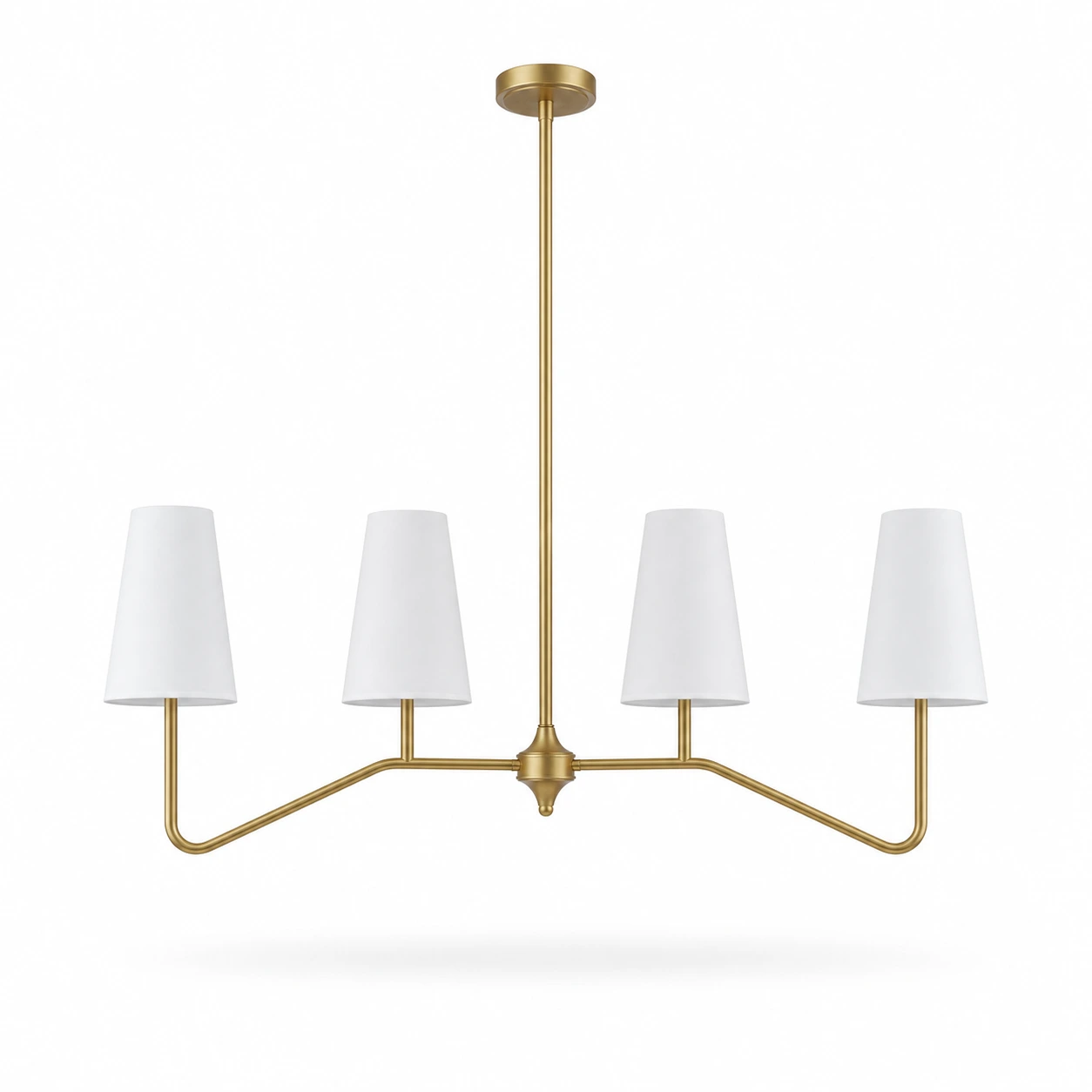 Strellux linear chandelier in brass finish with white shades