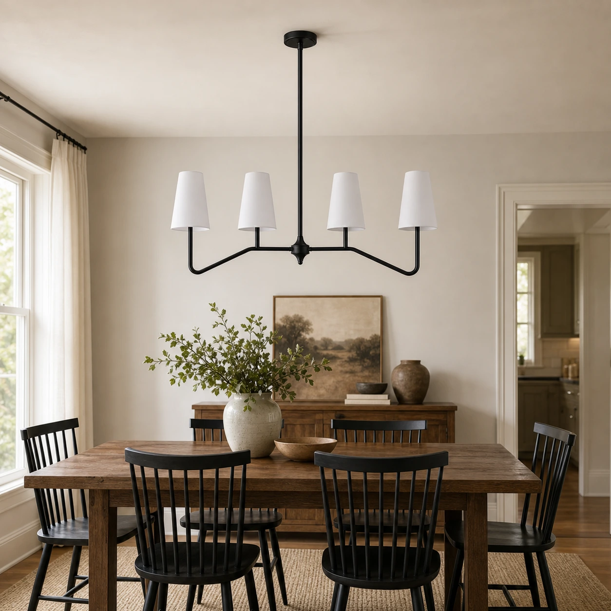 Strellux black linear chandelier in a dining room setting