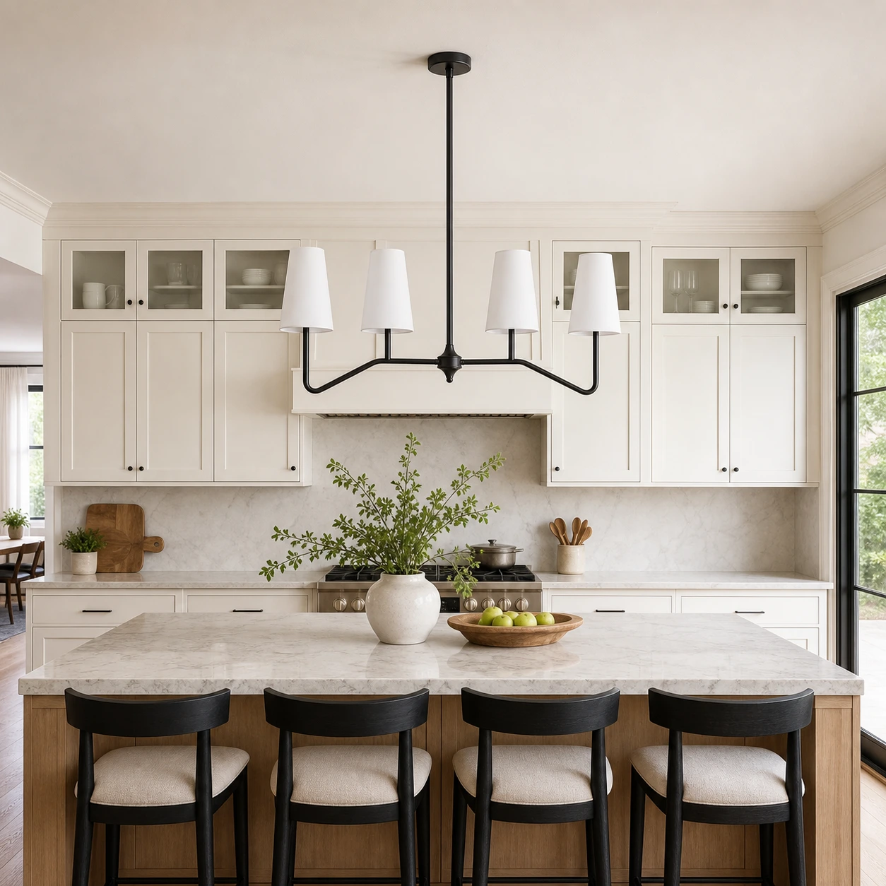 Strellux black linear chandelier above a kitchen island