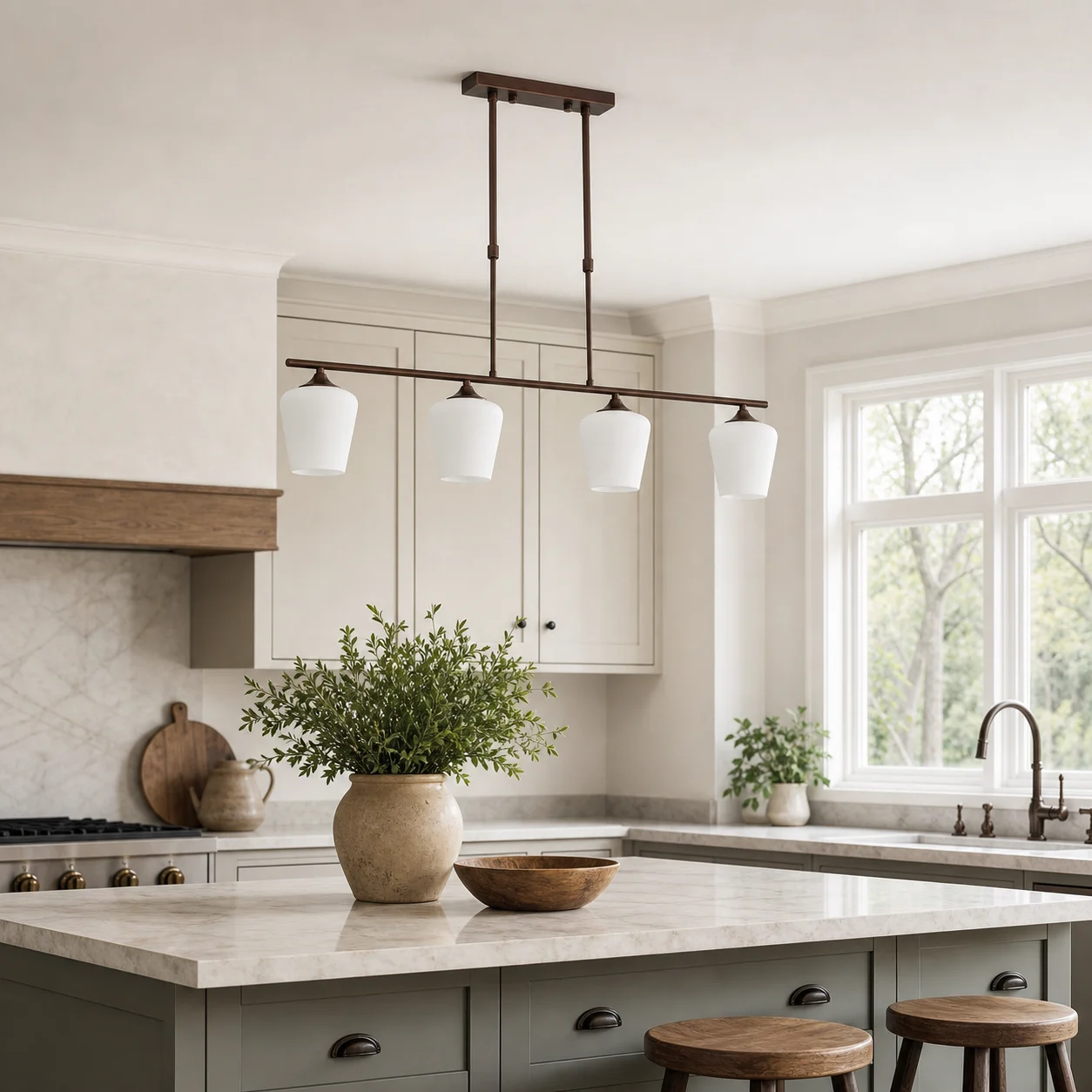 Strellux four-head Coffee Brown chandelier over a kitchen island