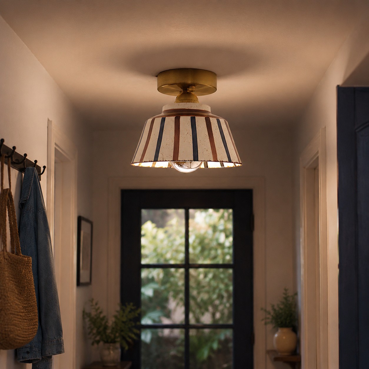 Striped ceramic ceiling fixture in a hallway
