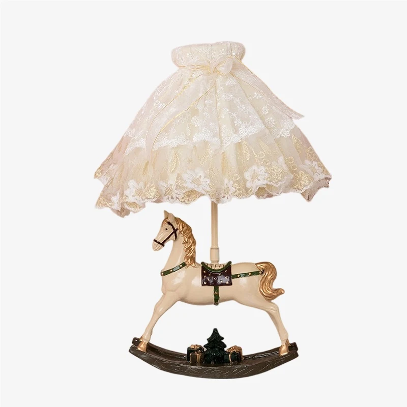 Full rocking horse table lamp with illuminated embroidered shade
