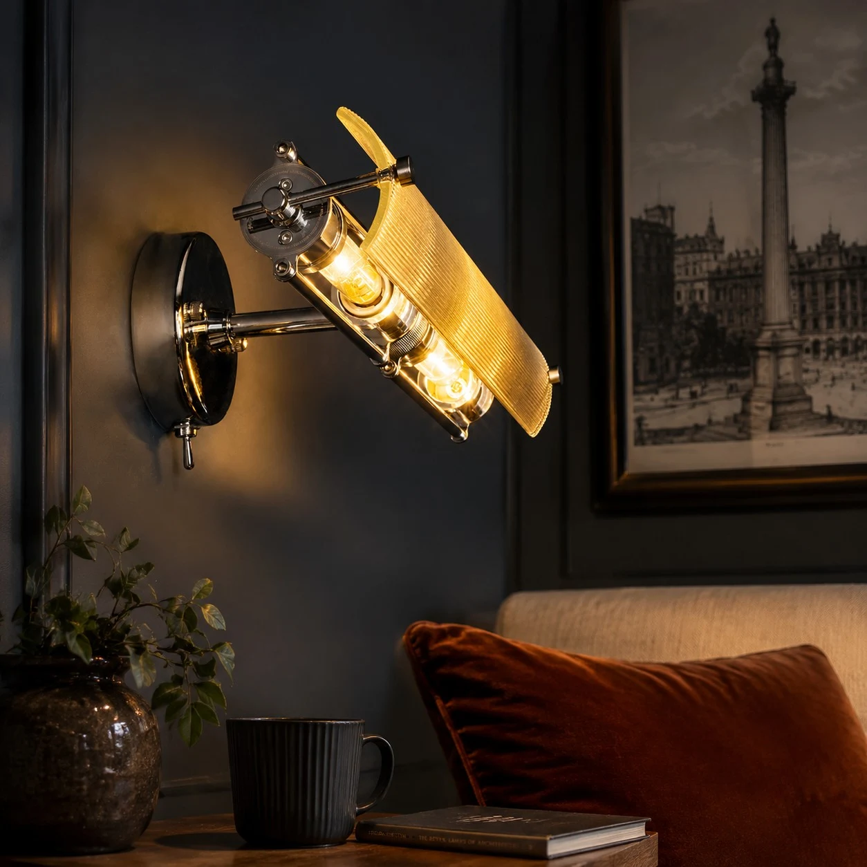 Warm double wall light installed beside a sofa