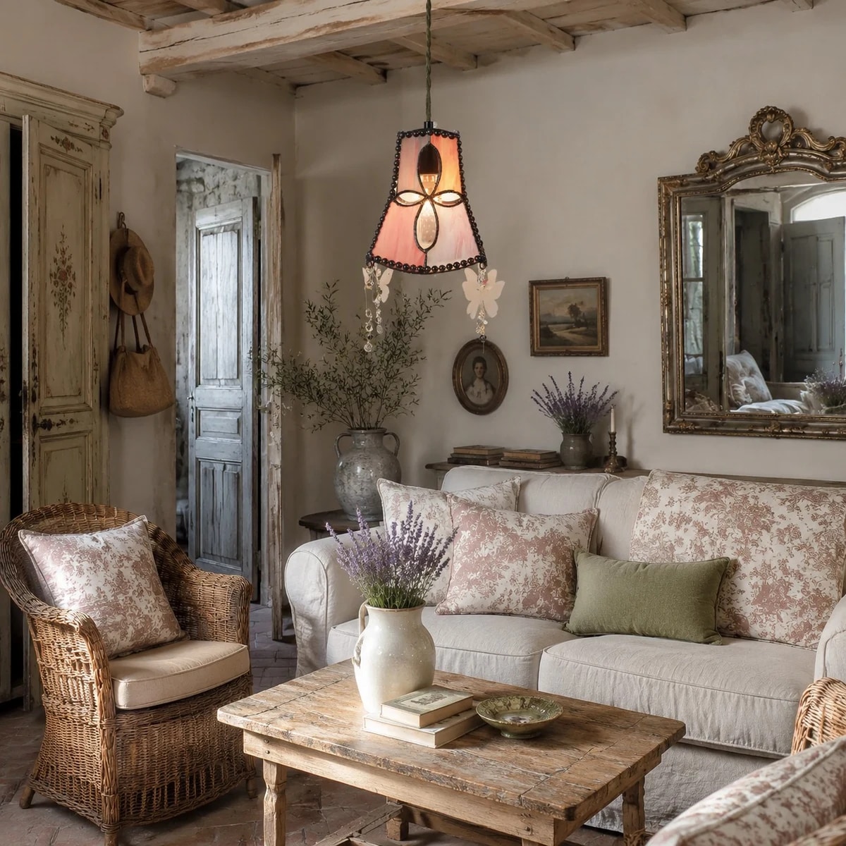 Soft corner room scene with sakura pink shell pendant