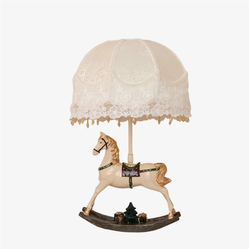 Full vintage rocking horse table lamp on white background