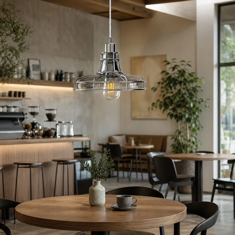 Glass metal cage pendant lamp over dining area