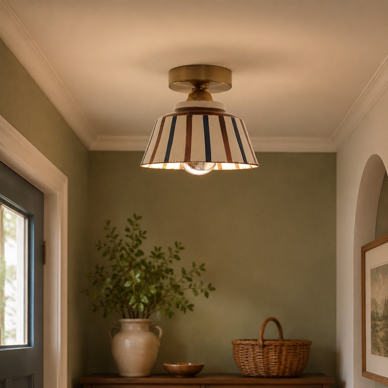 Striped ceramic ceiling light in an entry setting