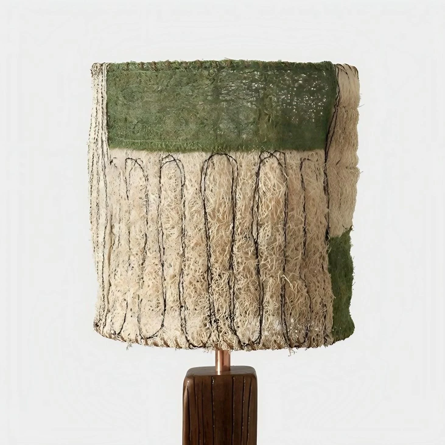Handwoven loofah table lamp with green panel shade