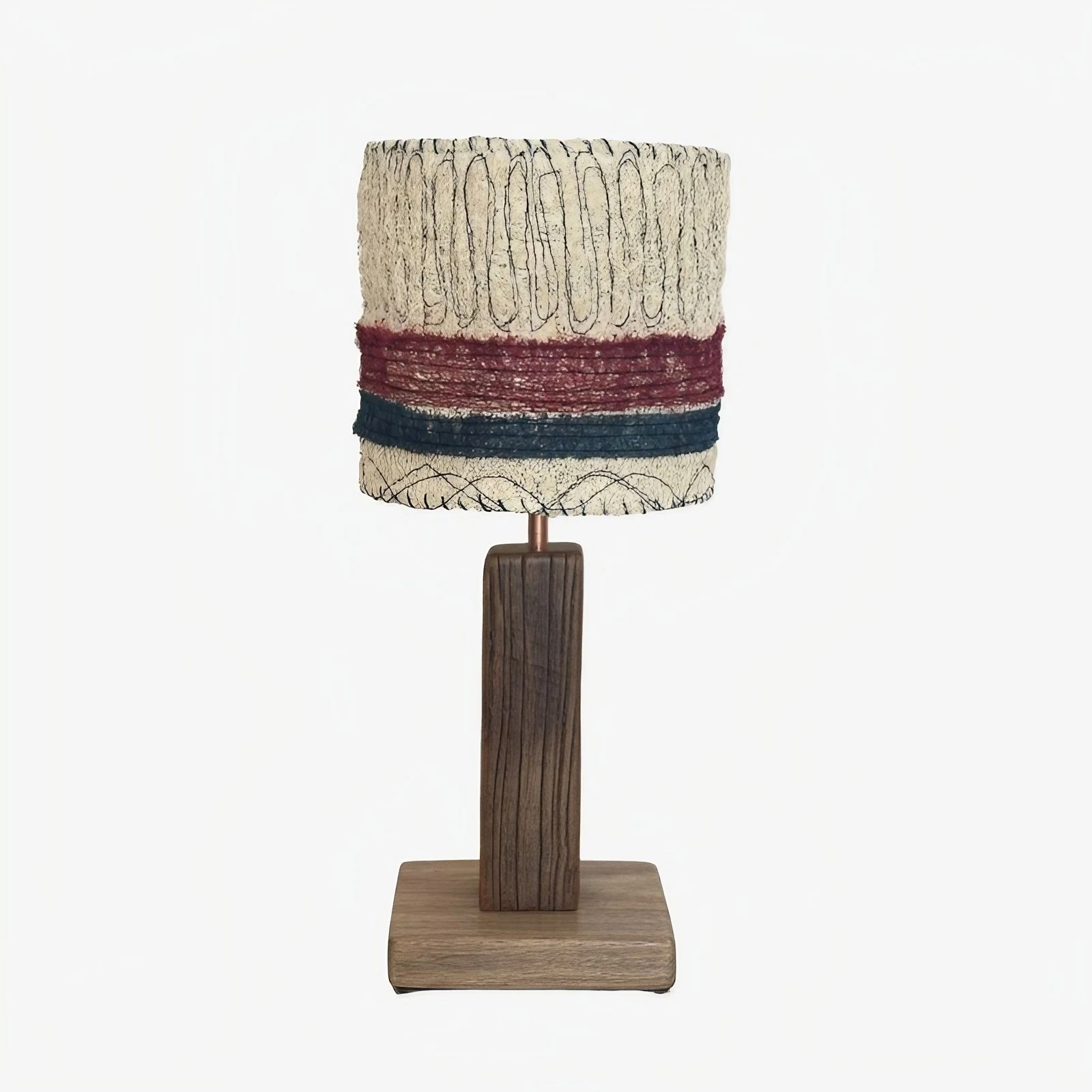 Red and blue stripe loofah table lamp on a white background