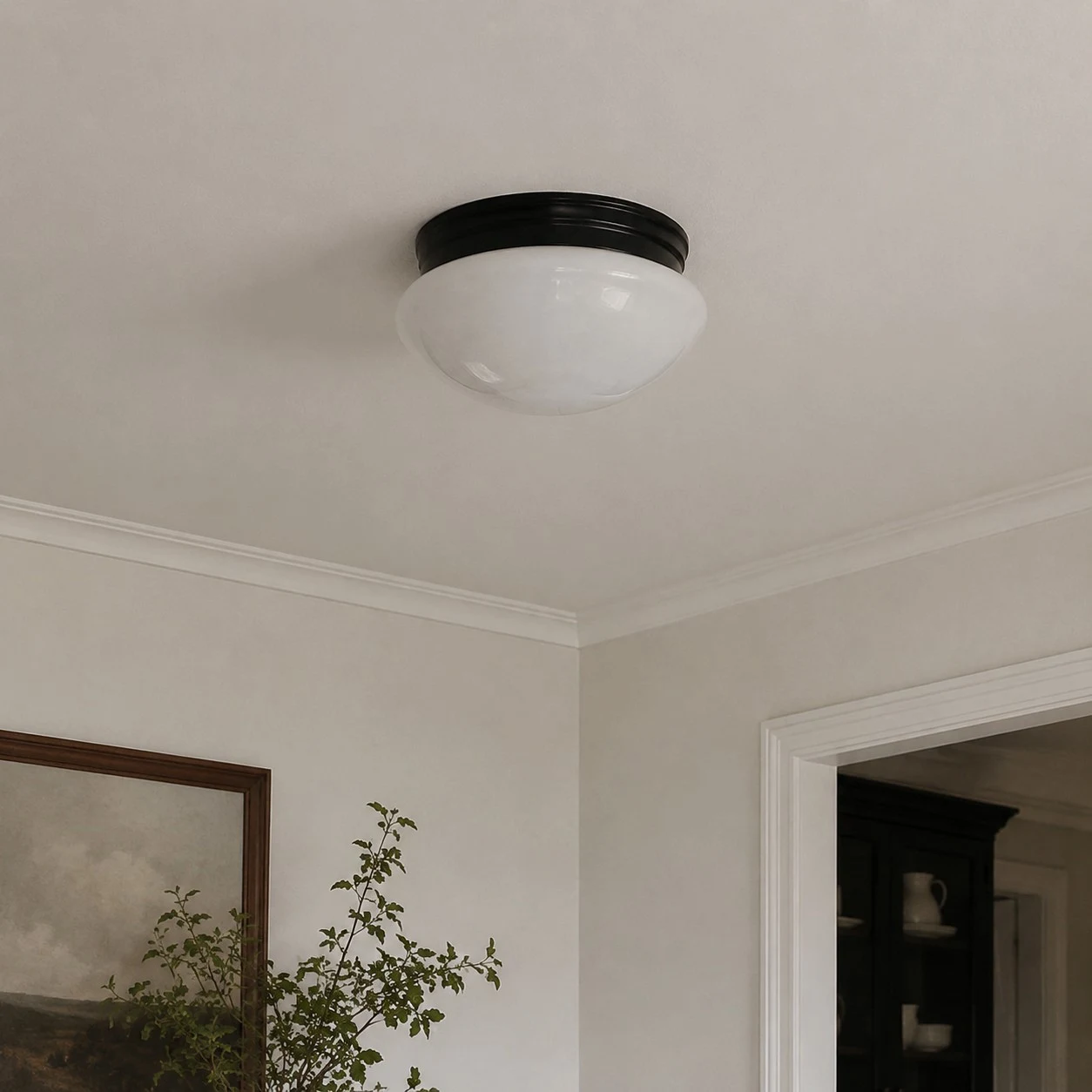 Opal glass flush mount installed in a calm neutral room