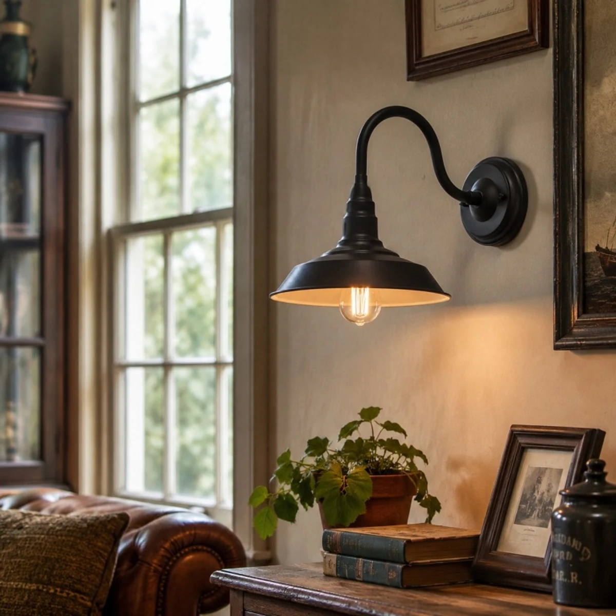 Industrial wall sconce beside window and shelf