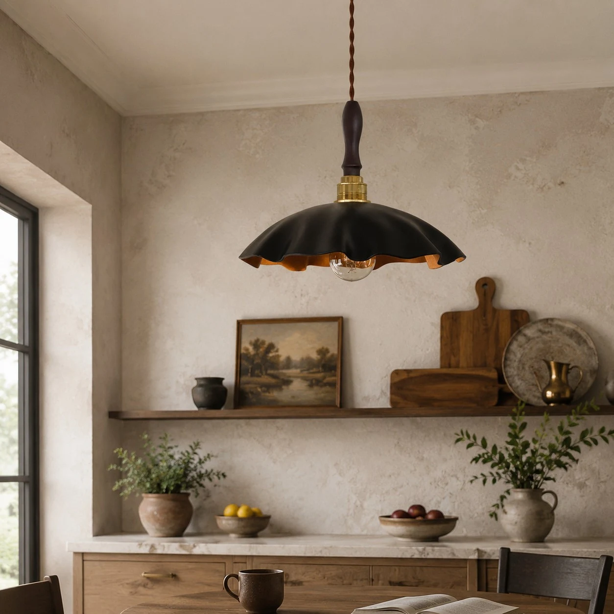 cowhide pendant light installed above a quiet tea room shelf
