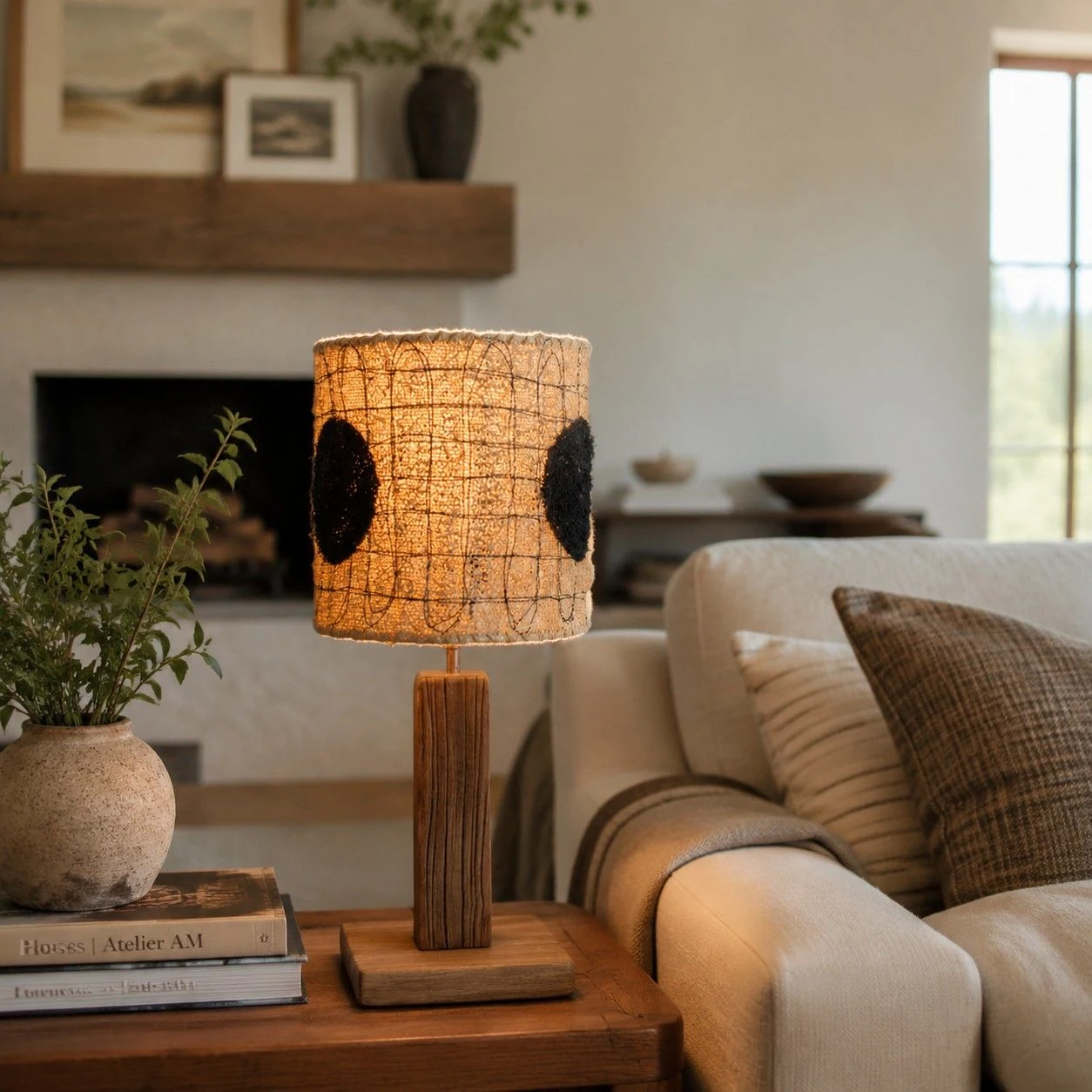 Black dot loofah table lamp lit beside a sofa