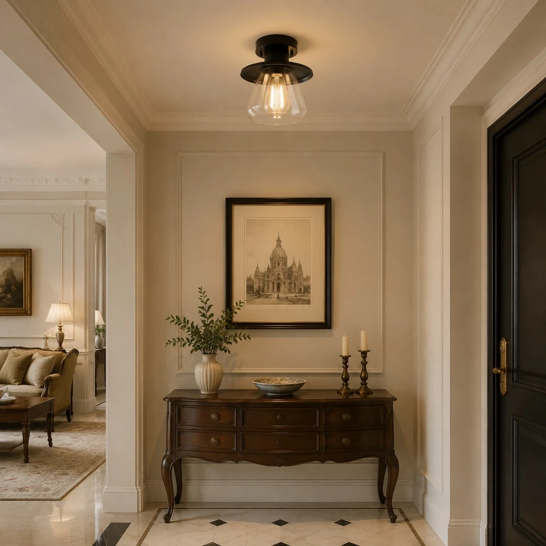 black glass ceiling light installed in entryway