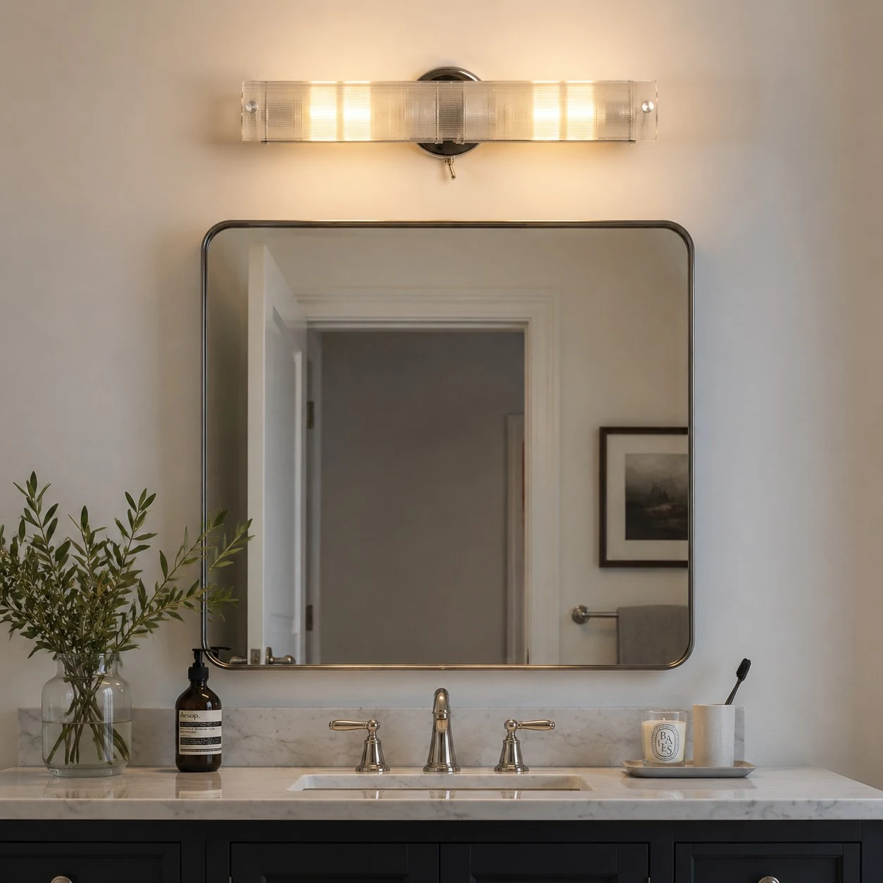 Double glass wall light above a bathroom mirror