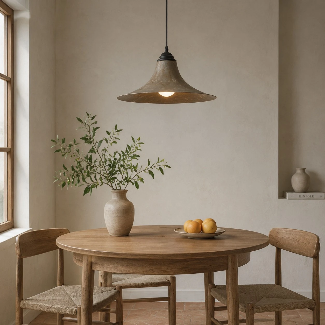 Black iron pendant lamp in a compact dining corner