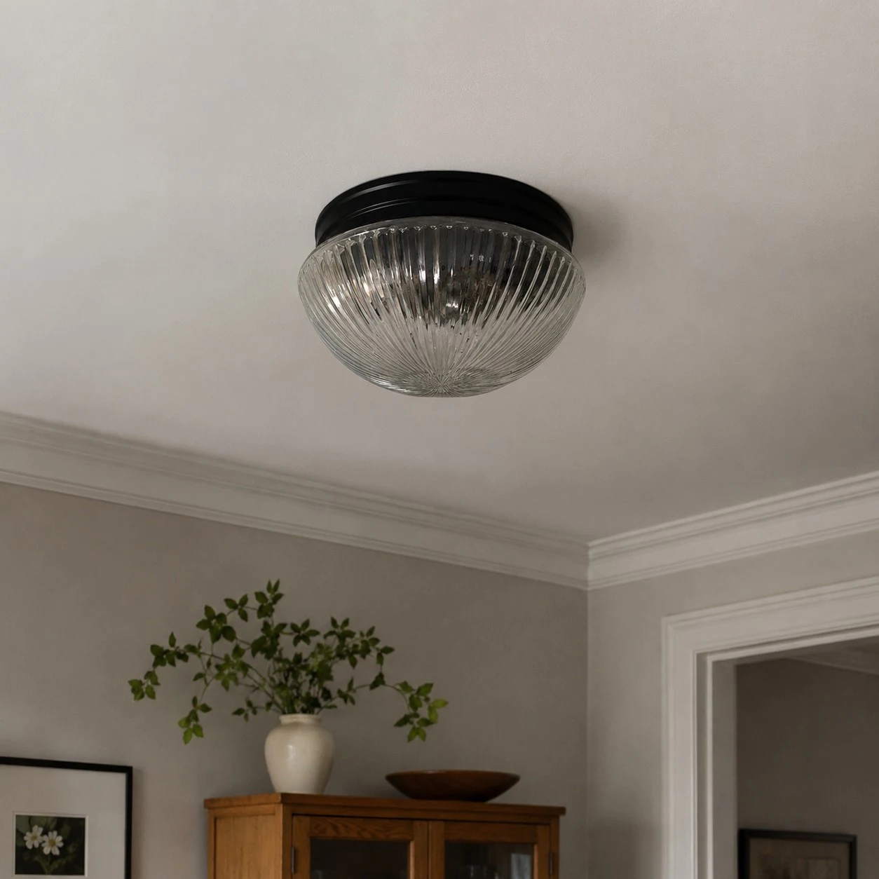 Ribbed glass flush mount installed in a living room corner