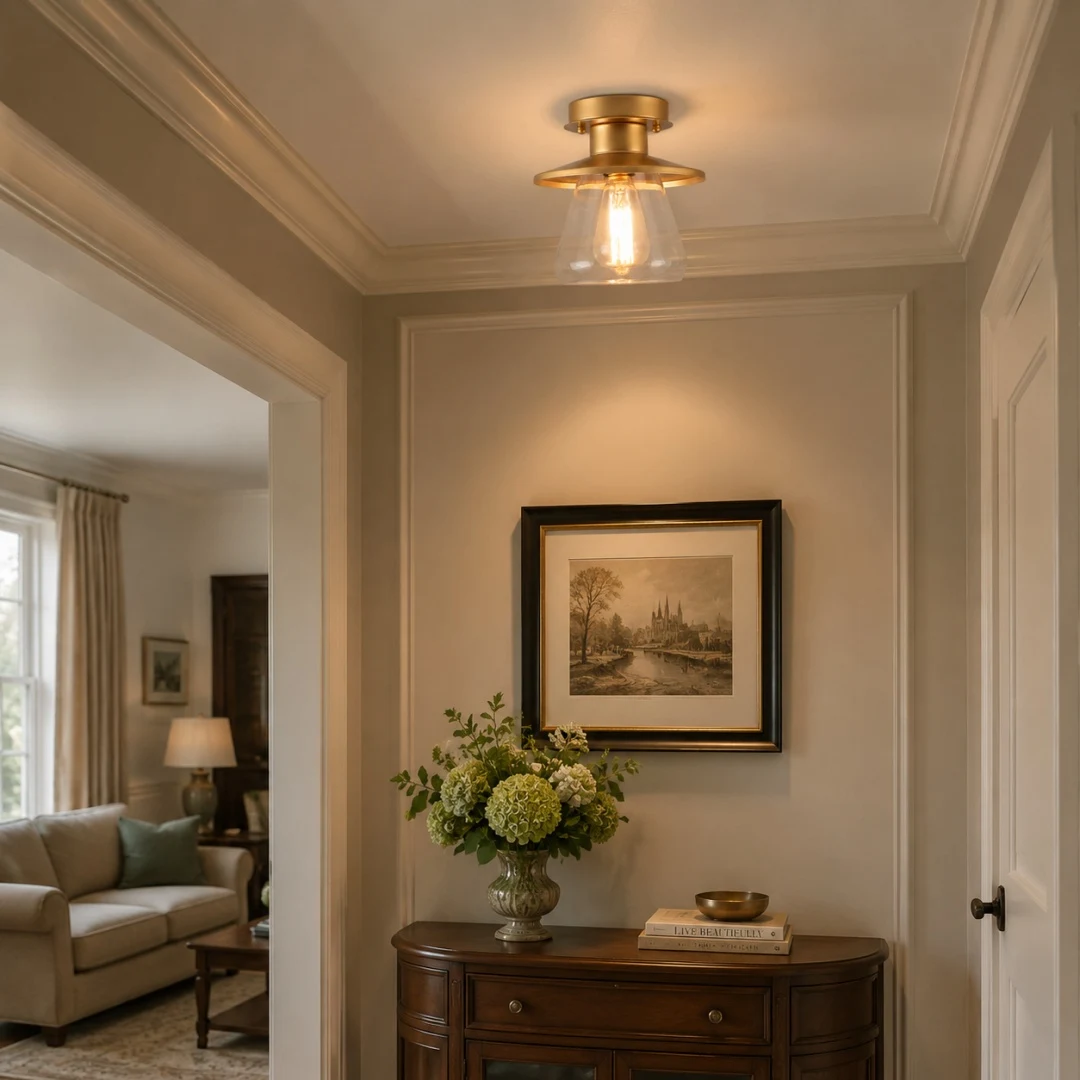 gold glass ceiling light installed in hallway
