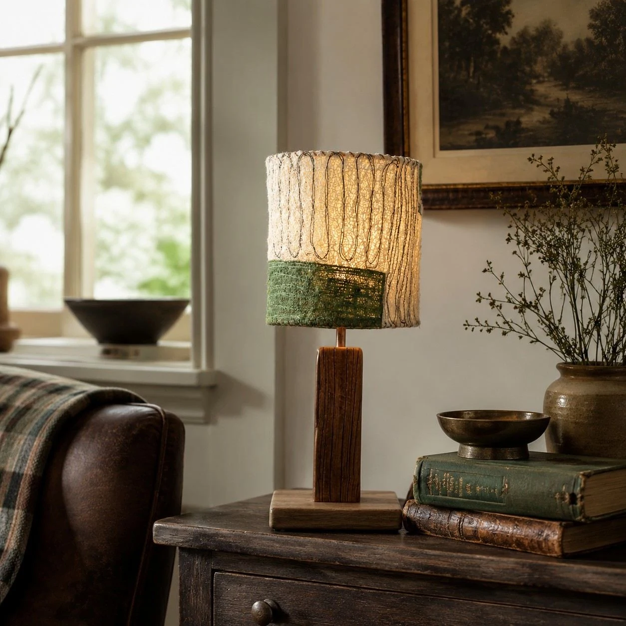 Green panel loofah table lamp lit in a warm living room
