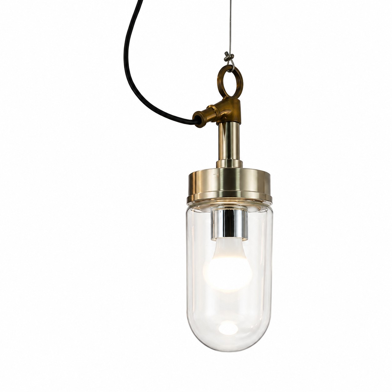Vintage industrial clear glass pendant light on white background