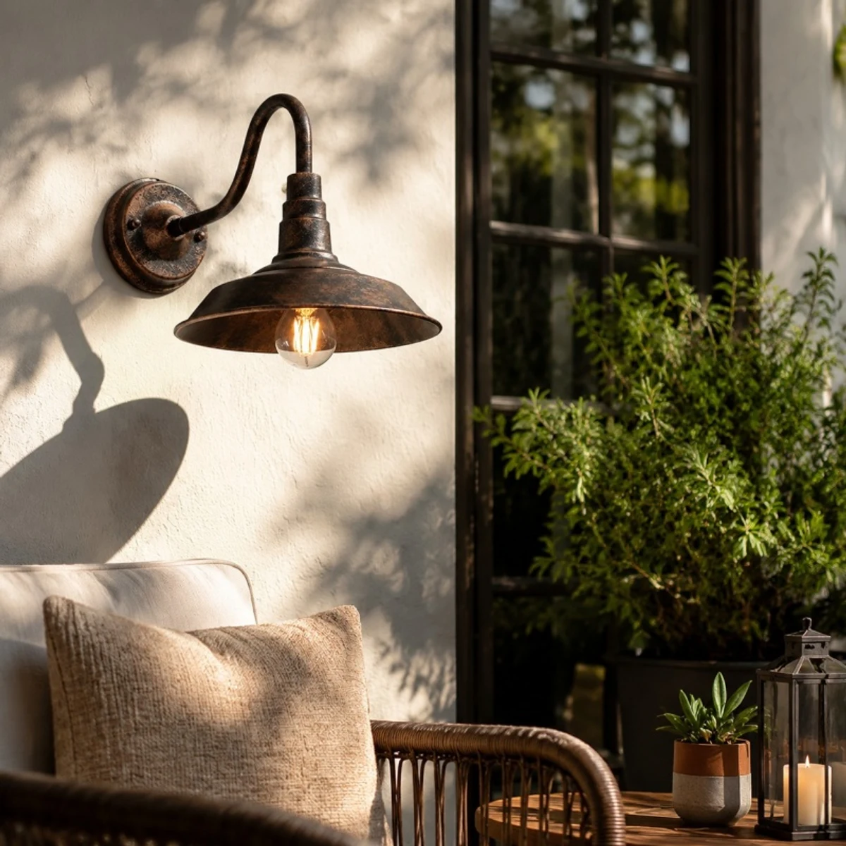 Rustic wall light casting warm shadows outdoors