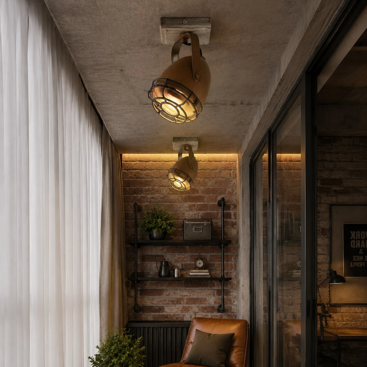 Rust ceiling spotlights in a loft style living corner