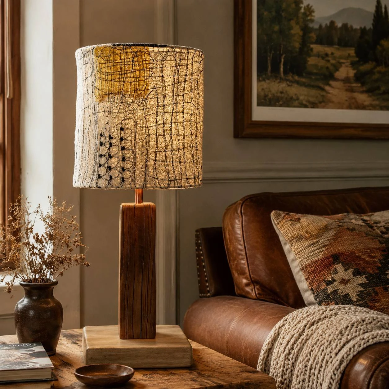 Yellow patch loofah table lamp lit on a wooden table