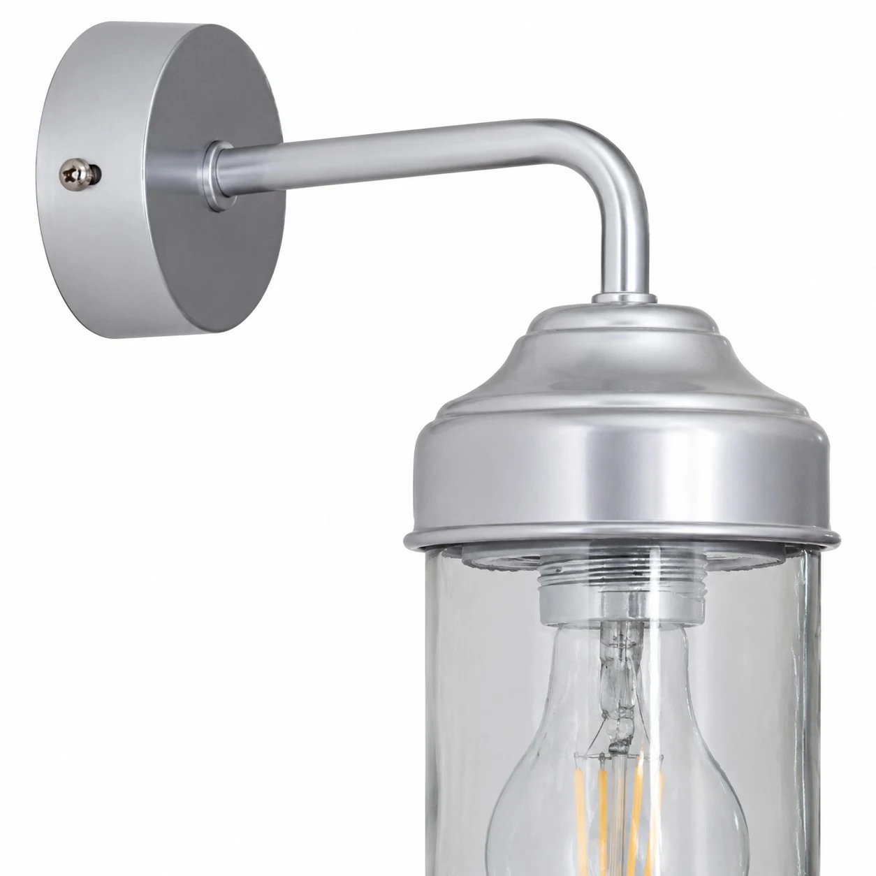 Close-up of aluminum canopy, arm and glass shade