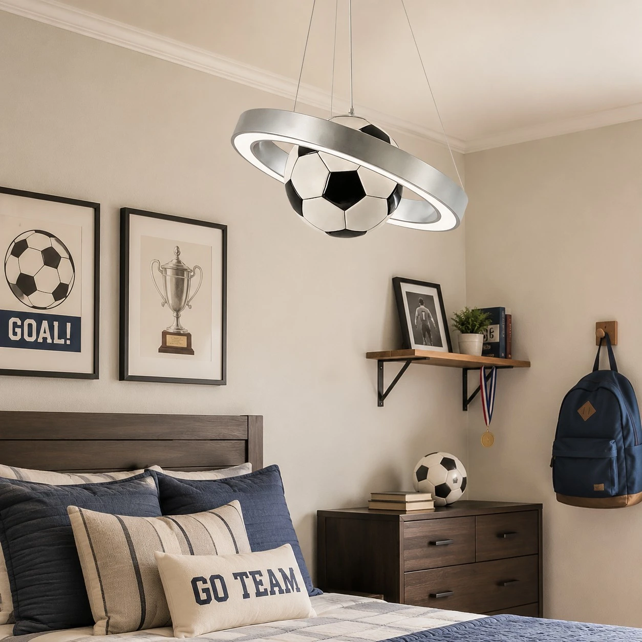 Soccer pendant chandelier bedroom scene