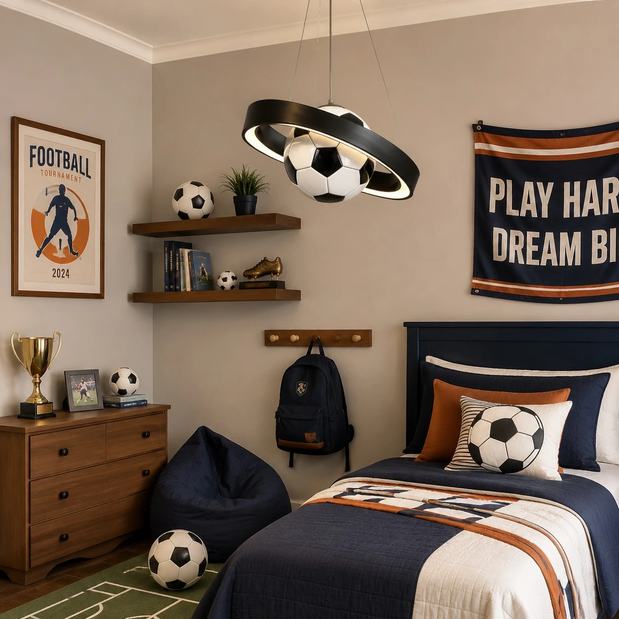 Soccer pendant chandelier sport bedroom scene