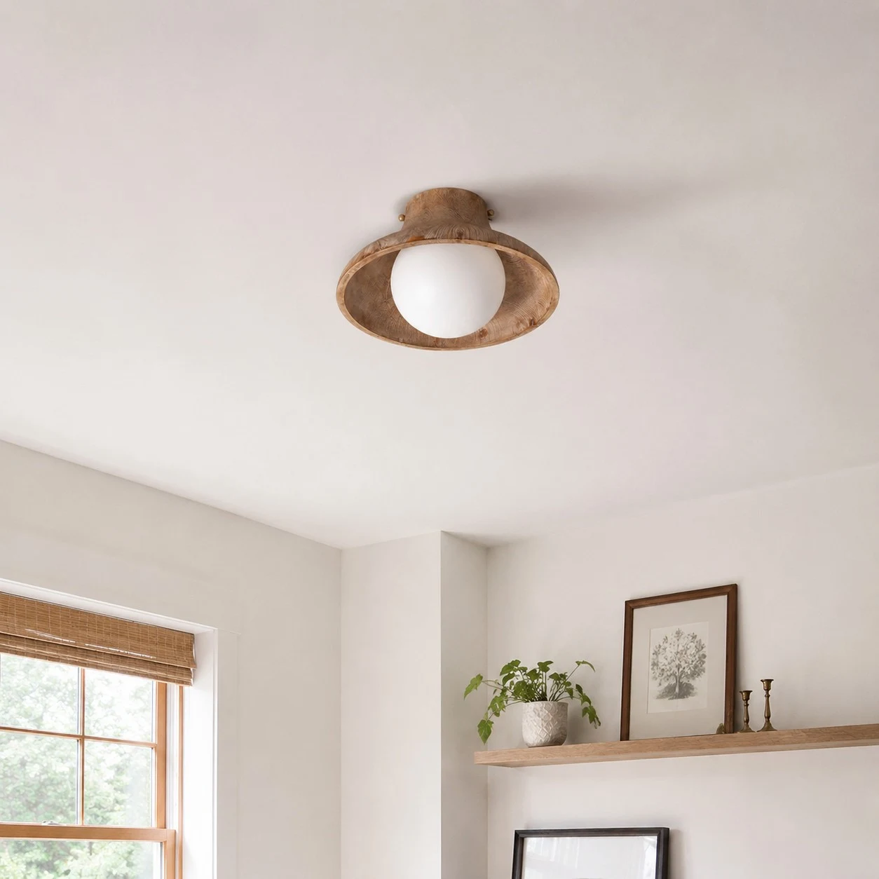 Natural wood ceiling light in a calm room setting