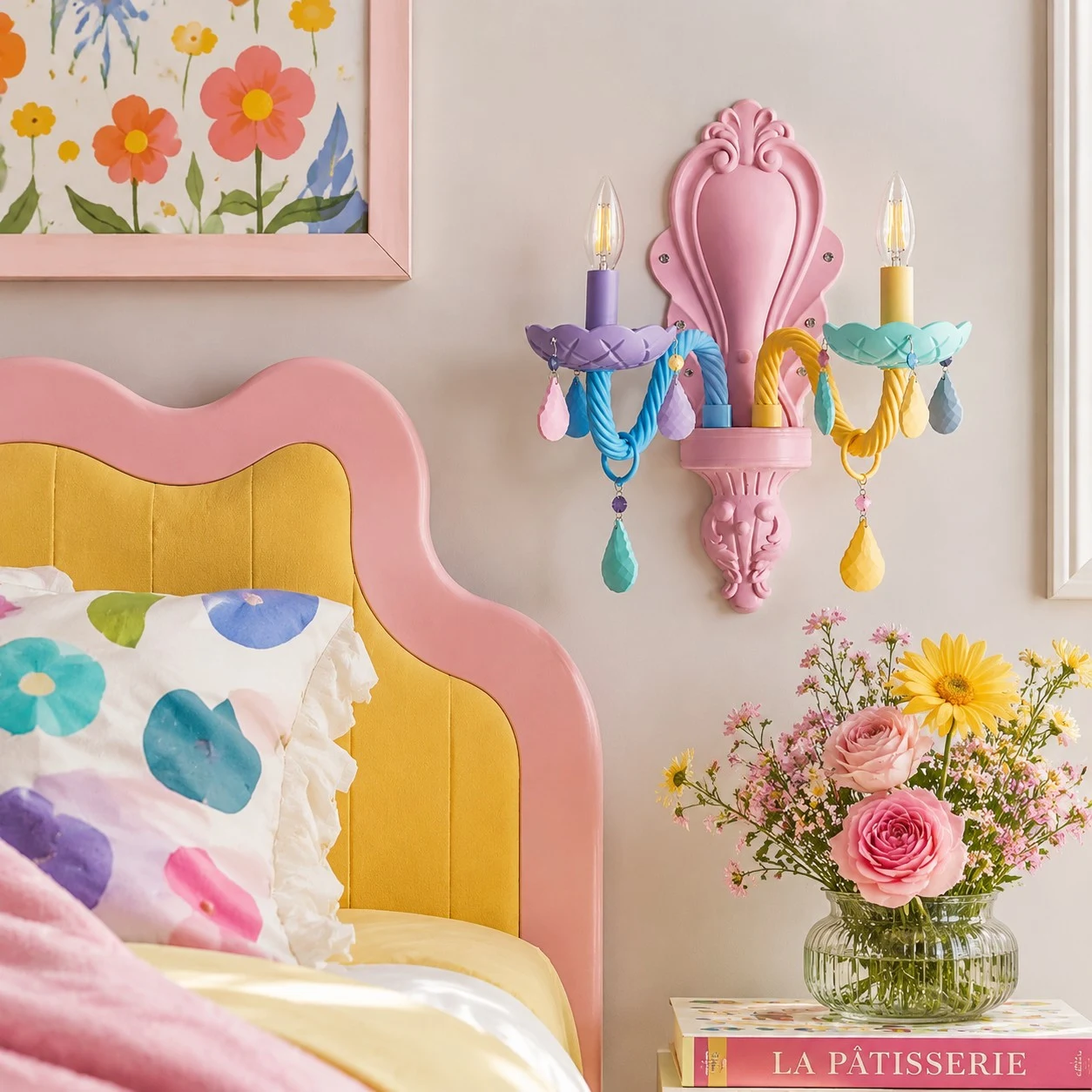 two-head colorful wall sconce beside a pink children bed
