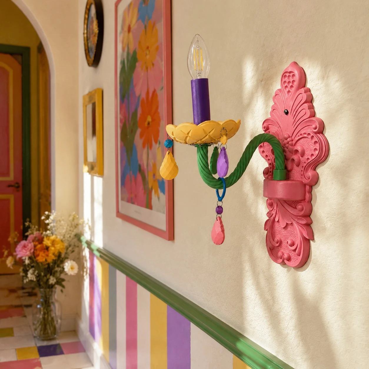 single-head colorful wall lamp in a styled hallway