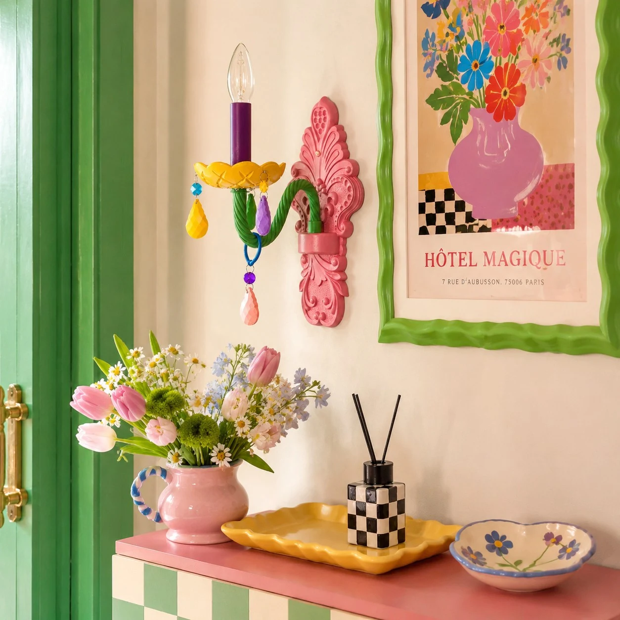 single-head colorful wall sconce styled above a console