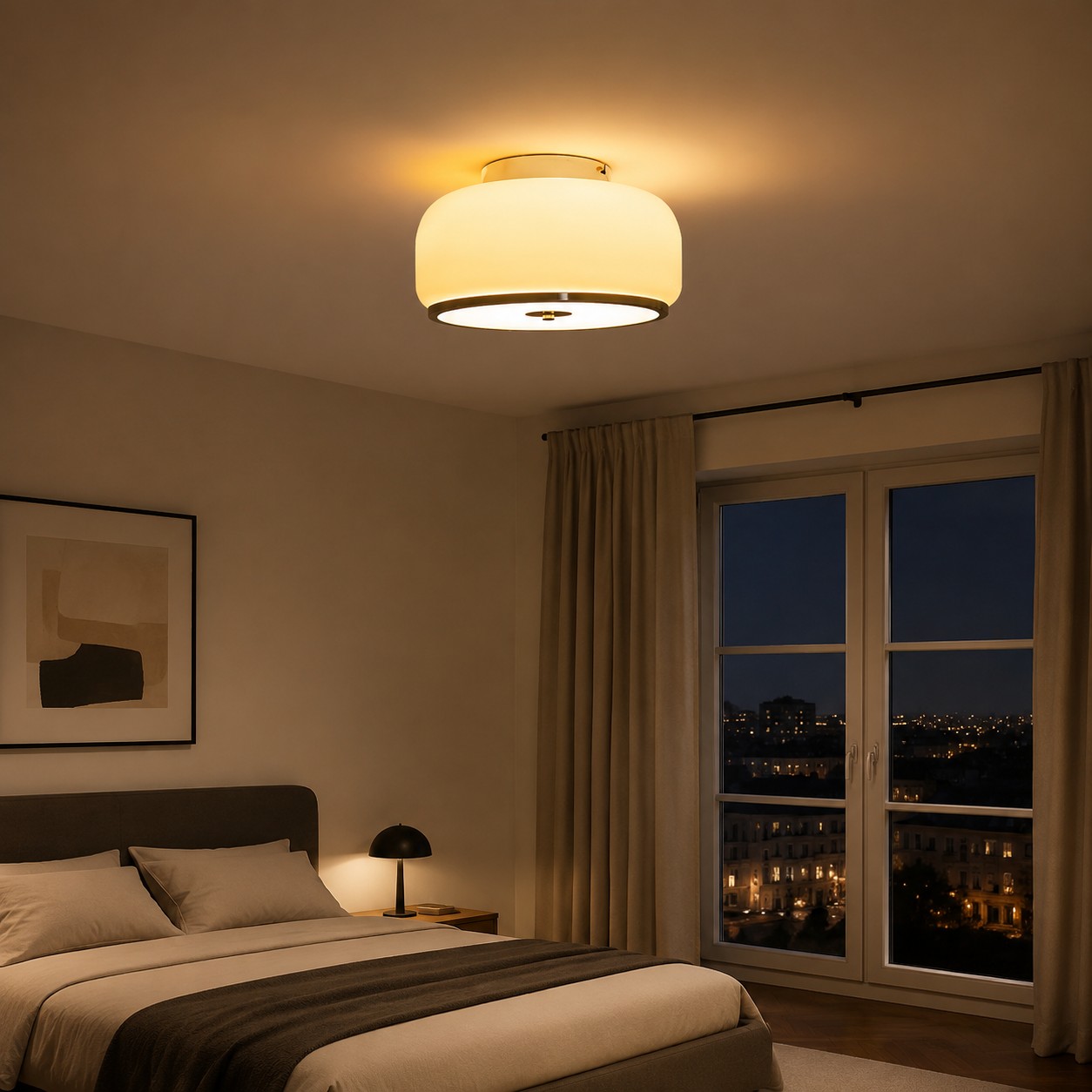 Amber glass ceiling light illuminating a warm bedroom
