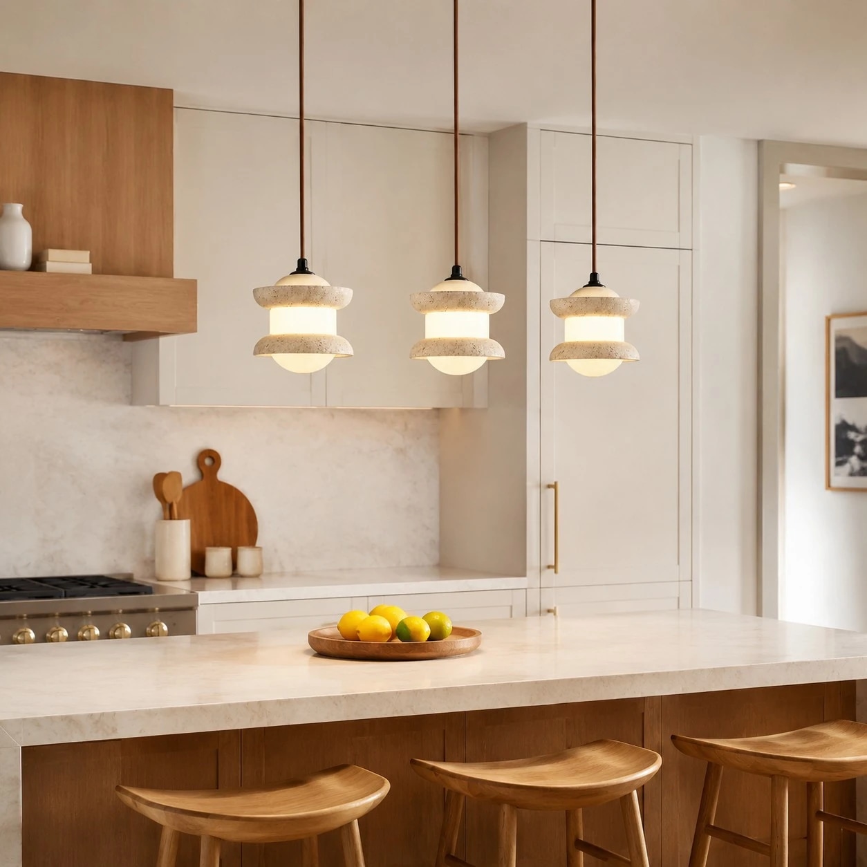Three-light travertine pendant installed above a kitchen island