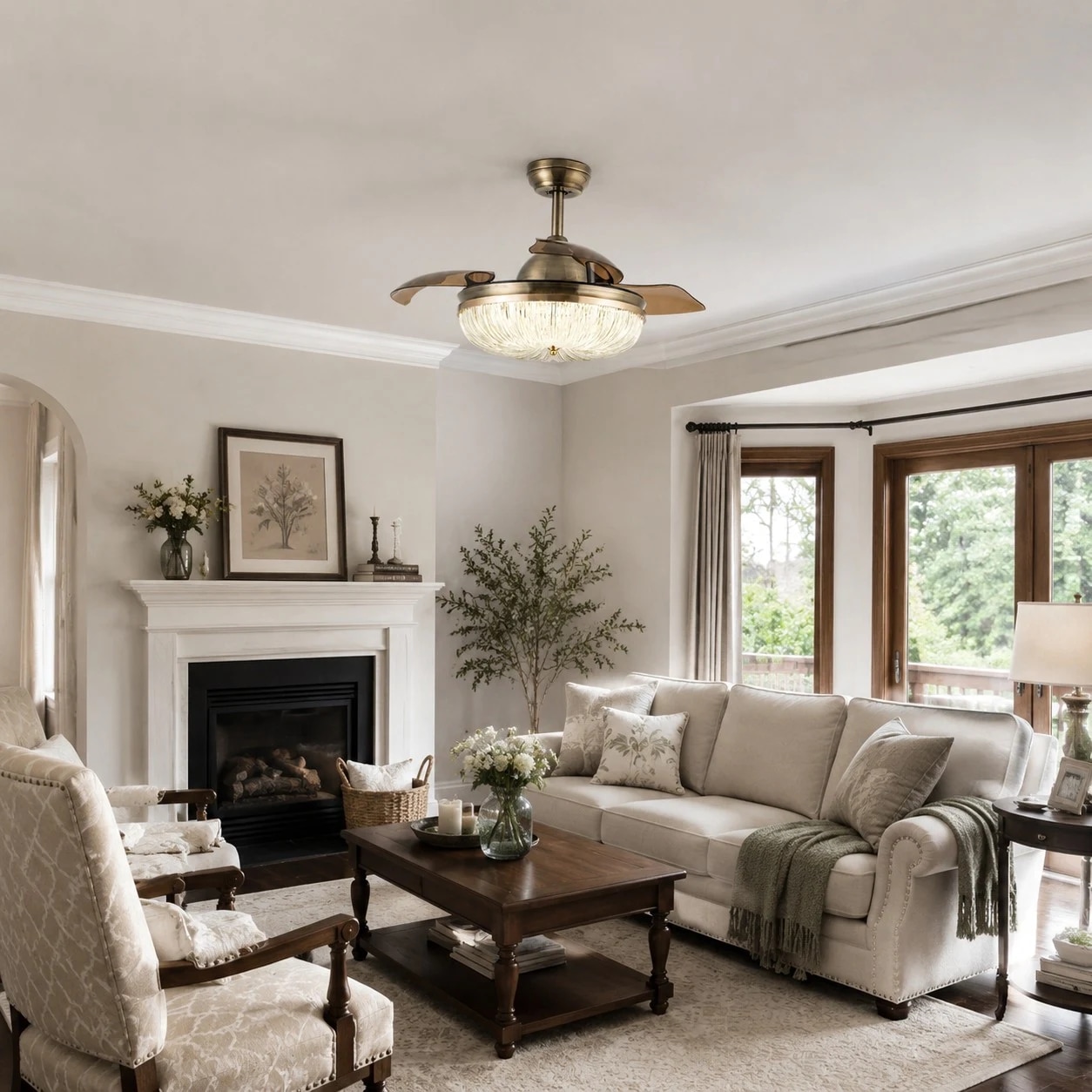 Classic living room with brass ceiling fan light above seating