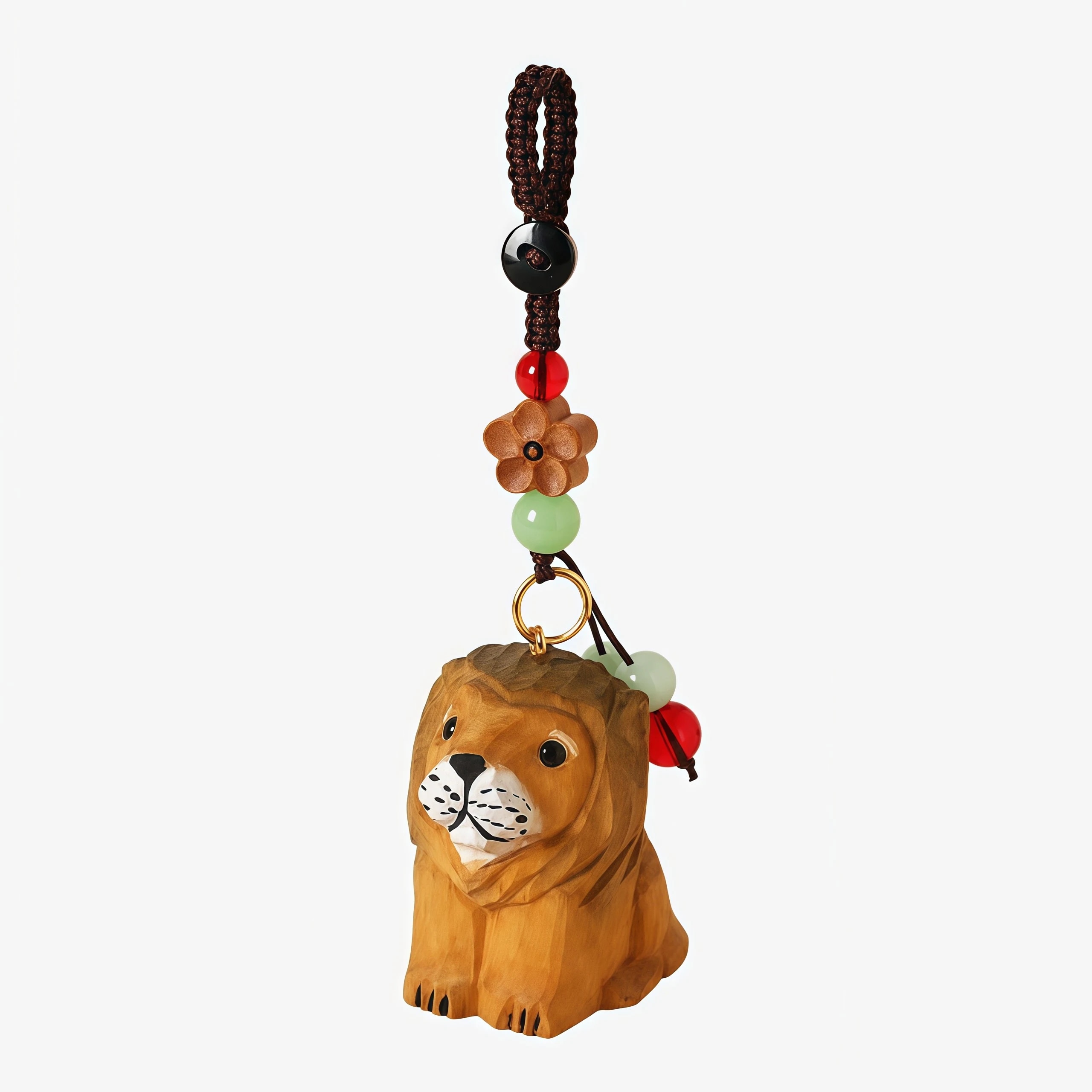 Hand carved wooden lion hanging ornament natural wood