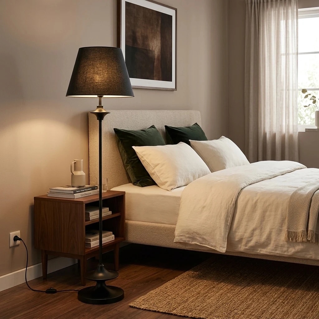 Black floor lamp beside a bedroom nightstand