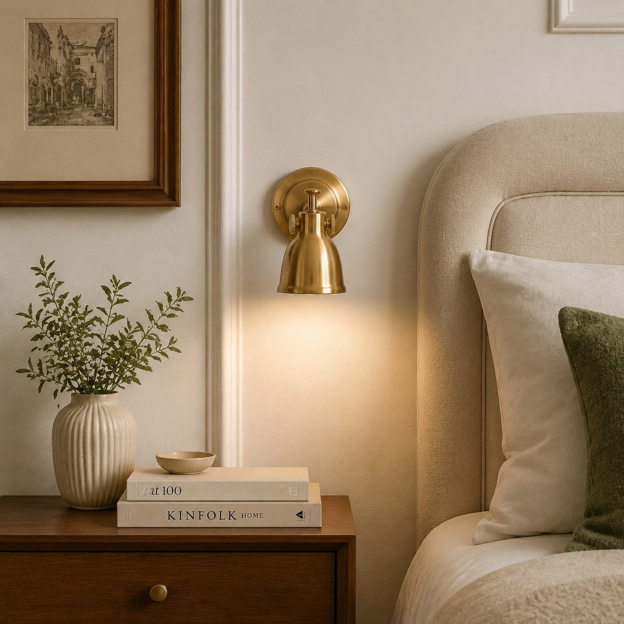 Brass wall lamp installed in a warm interior