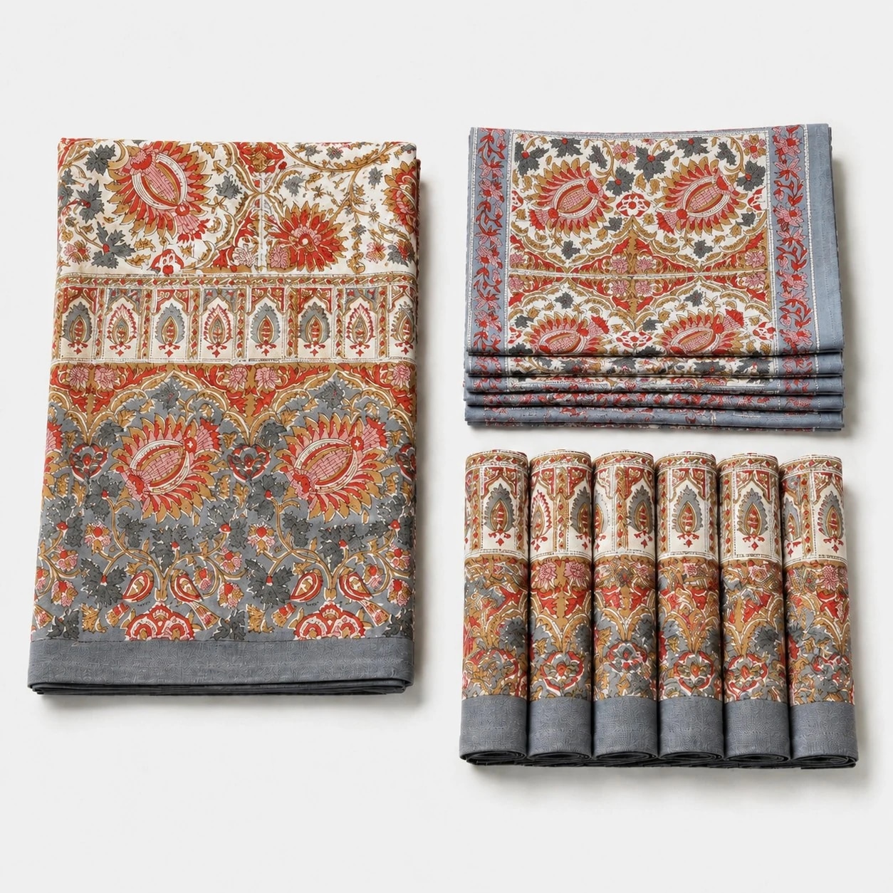 Folded charcoal paisley floral cotton linen tablecloth set