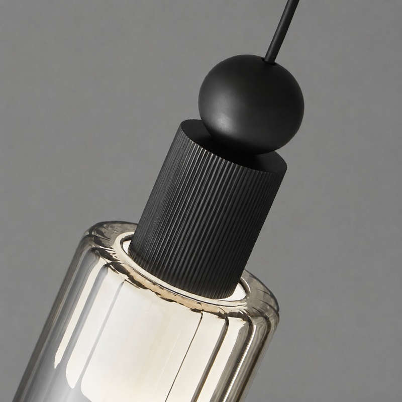 Copper black ribbed glass pendant close detail