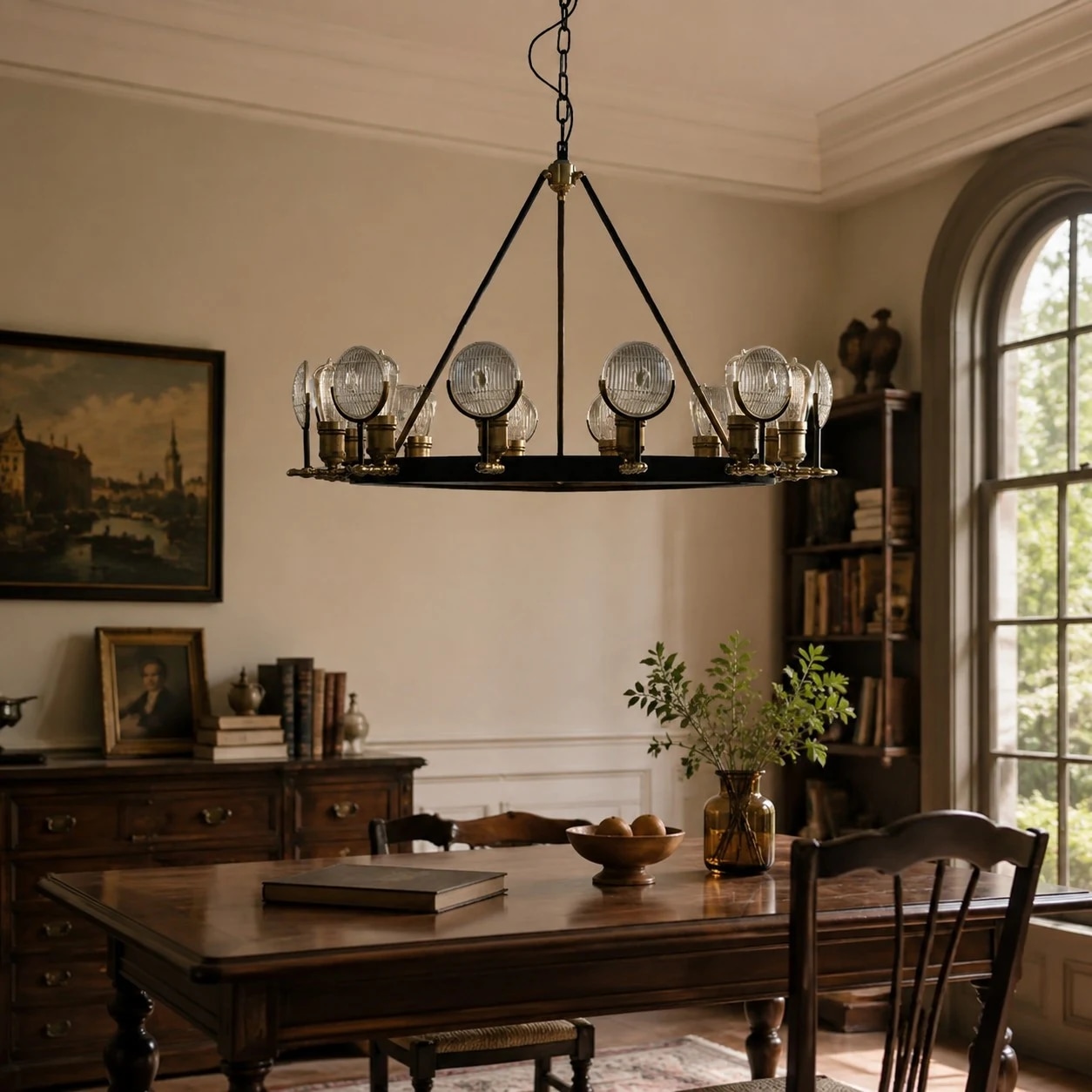 American industrial chandelier room scene