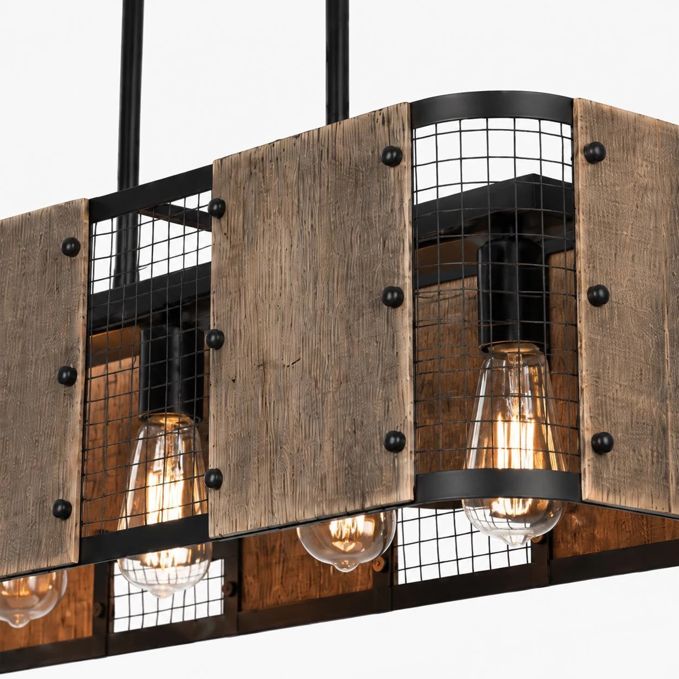 Close view of five-light frame with wood panels and iron guard
