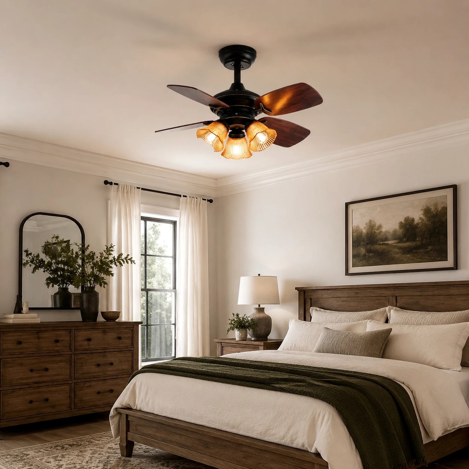 Black amber glass ceiling fan light installed in a bedroom