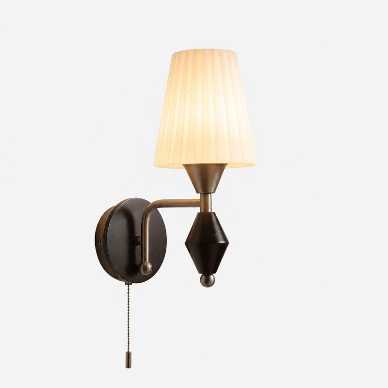Full view of matte nickel ash wood glass wall sconce