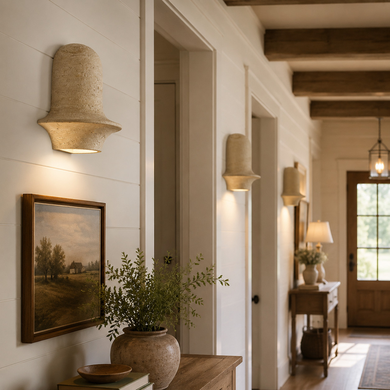 Travertine wall sconces installed along a warm hallway with wood beams